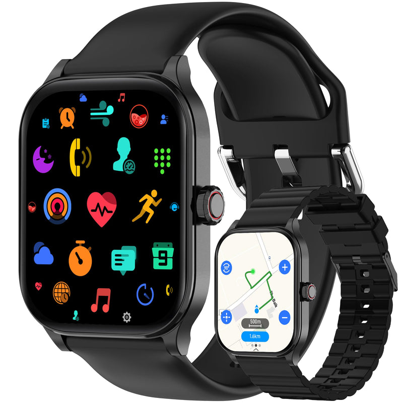 Smart Watch, GPS & Free Maps, 1.96" HD Screen, AI, Bluetooth Call & Text | 24/7 Health, Fitness & Sleep Tracker, 100+ Workout Modes, 5 ATM Water-Resistance, for Men & Women, Android & iOS, 2 Bands Black 1.96"