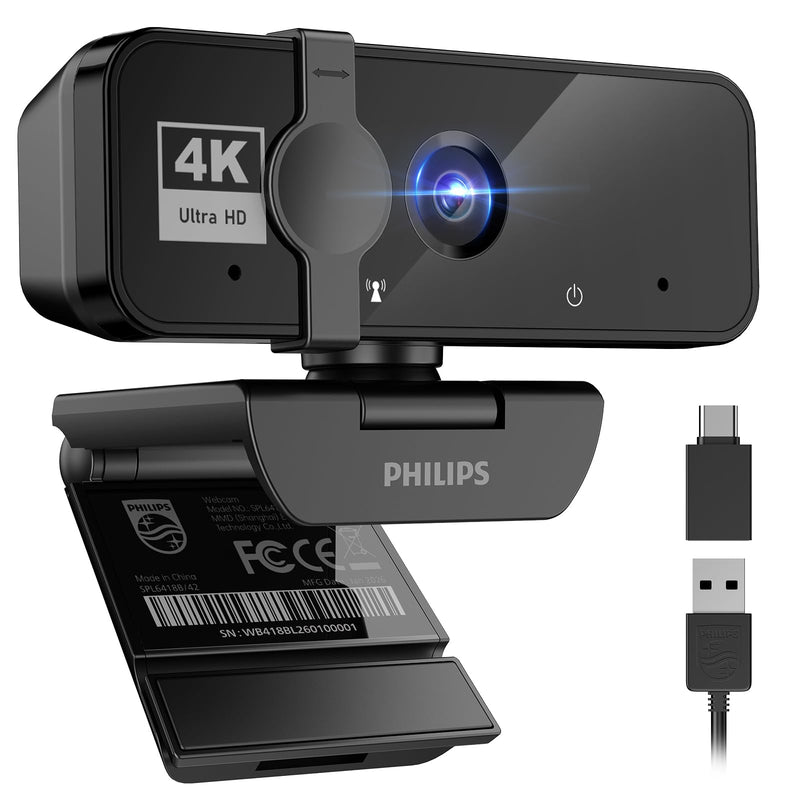 PHILIPS 4K Webcam for PC with Microphone, Computer Camera for Meetings | Plug & Play USB Web cam with Privacy Cover, for Laptop, Desktop, Zoom, Teams, Skype, Video Conferencing, Streaming, Black