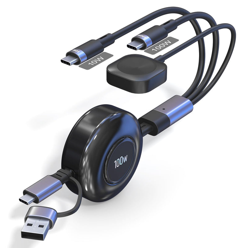 Retractable Multi Charging Cable 100W - 3 in 2 Travel Portable Retractable Charger Cords with 2 USB C and iWatch Charger Port for iPhone 17/16/15 Series, iPad, Apple Watch 11/10/9/8/7/SE Series, 4FT