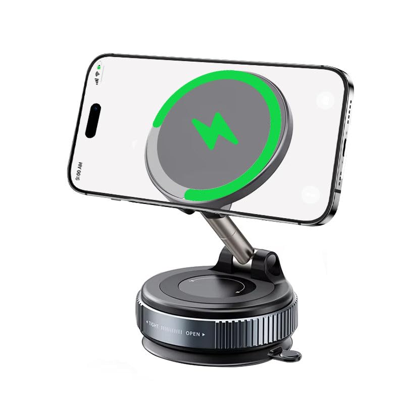 15W Magnetic Wireless Car Charger Mount with Vacuum Suction, MagSafe Car Phone Mount, 360° Adjustable Dashboard & Windshield Holder for iPhone & Samsung