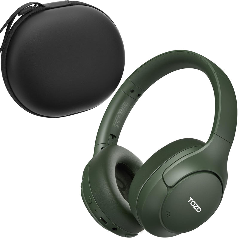TOZO HT3 Hybrid Noise Cancelling Wireless Headphones, 90H Over Ear Headset | Hi Res Audio, AI Voice Assistant, Dual Device Connection, 32 Custom EQs, Built In 5 Mics, ANC, Foldable with Case Matte Green Headphones with Case