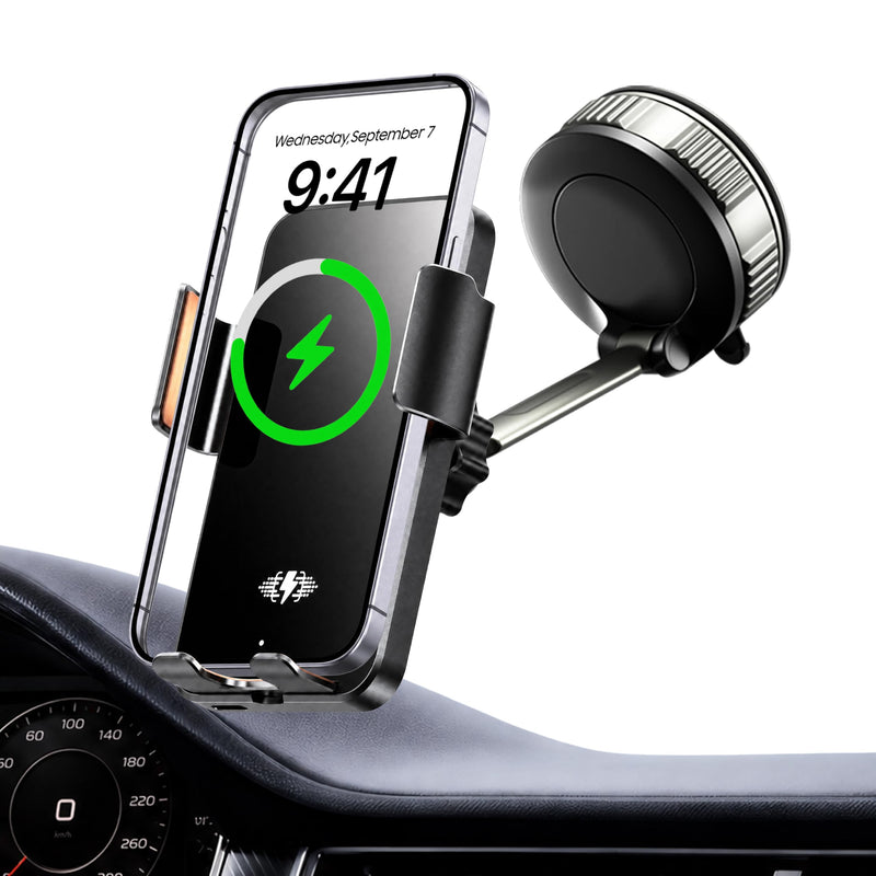 Car Phone Holder Charger, 15W Wireless Car Charger with Auto Clamp & Smart Sensor, Rotating Vacuum Suction Cup Dashboard/Windshield Phone Mount, 360° Adjustable Car Mount for iPhone, Samsung, Black for General Suction Cup PM