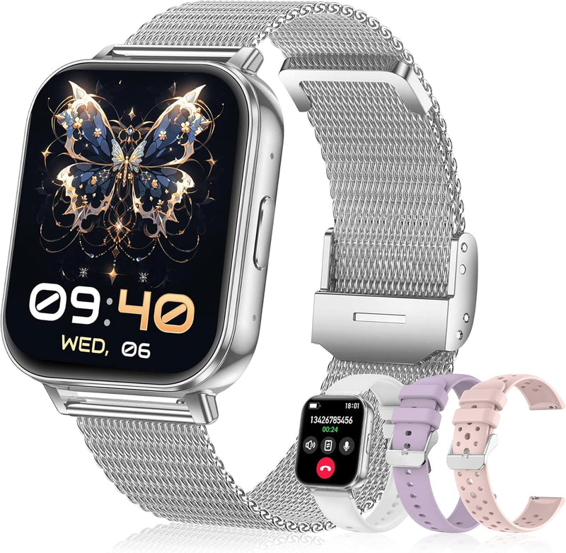 Smart Watch for Women with Bluetooth Call, 1.85" Fitness Tracker, Silver | 1000mAh Long Battery Life, Heart Rate SpO2 Sleep Monitor, Health Cycle Tracker, 120+ Sports, 4 Bands, Android iOS Compatible
