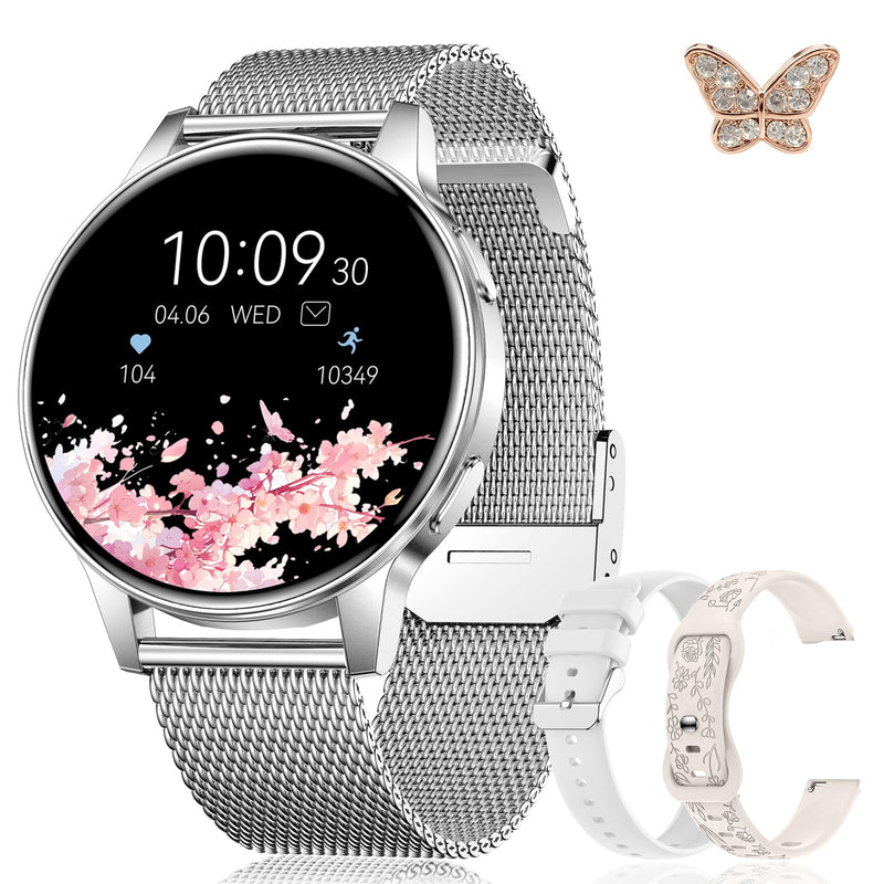 Smart Watch for Women, 1.27" HD Touchscreen Smartwatch with Bluetooth Call & Text Notification, 130+ Sport Modes, IP68 Waterproof Fitness Tracker with Heart Rate/Sleep Monitor, 3 Bands Silver-1