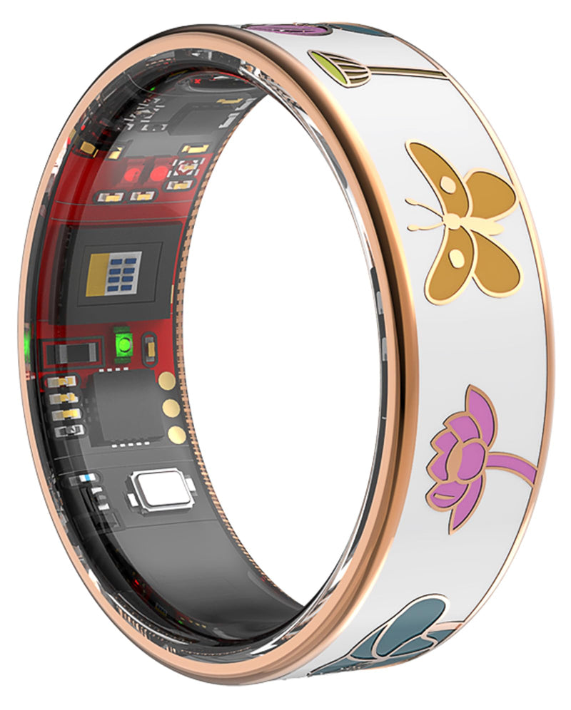 Smart Ring for Women, Fitness Tracker with Heart Rate and Sleep Monitoring | Floral enamel jewelry design with elegant gold-tone accents, step and calorie tracking, lightweight everyday wear Lotus #8(0.68 in)