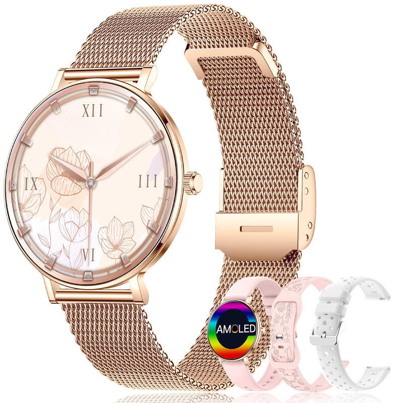 Smart Watches for Women,1.32'' AMOLED Ultra-Thin Smart Watch with Bluetooth Make/Answer Call,Heart Rate/SpO2/Sleep Tracker,120+ Sport Modes IP68 Fitness Watch Android/iOS Compatible,4 Straps,Rose Gold Rose Gold(4 Bands)