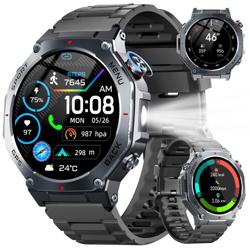 Jugeman Military Smart Watch for Men Built-in GPS with LED Flashlight-Black | 1.43" AMOLED Display, 5ATM Waterproof, Compass, Fitness Tracker, Heart Rate/Sleep/Blood Oxygen, Watches for Android/iPhone Black