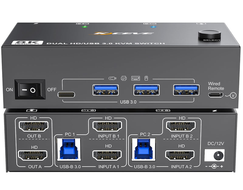 KVM Switch 2 Monitors 2 Computers HDMI 4K@144Hz, USB 3.0 Dual Monitor KVM Switch for 2 Computer Share 2 Monitor and 4 USB3.0 HUB,Wired Remote,12V Power Adapter and USB Cable Included black 2 Monitor 2 PC