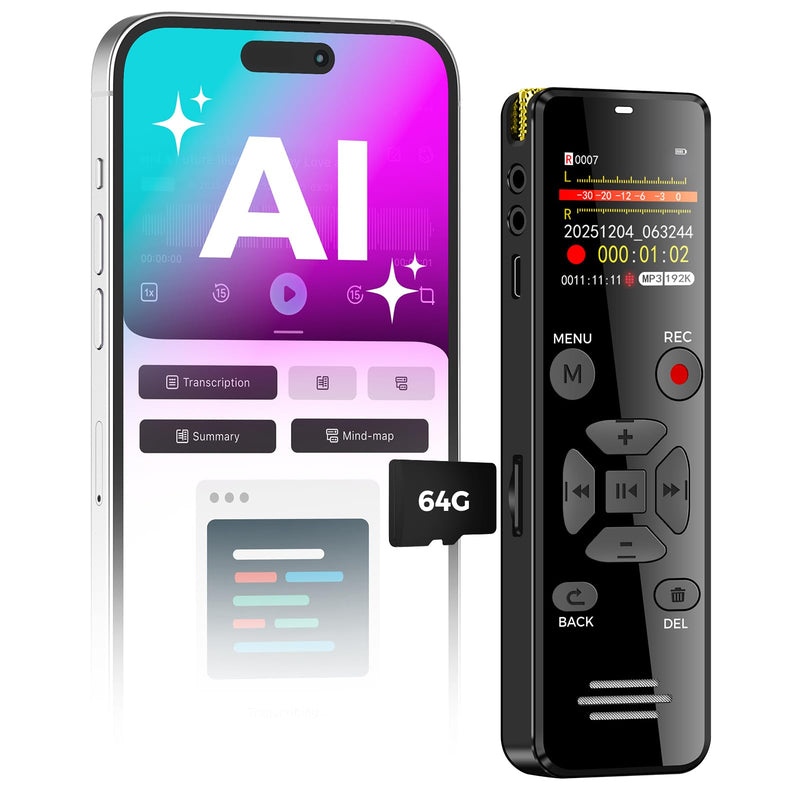 [AUSTRALIA] - AI Digital Voice Recorder with Playback: AI Transcribe & Summarize Voice Activated Recorder with OTG - Portable Tape Recorder for Meeting & Lectures 64GB 