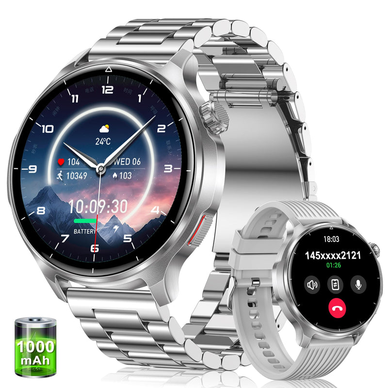 Military Smart Watch for Men 1000mAh Battery 1.52" HD Screen | Answer/Make Calls, IP68 Waterproof, 100+ Sports Modes, Sleep/Health Monitoring, Compatible iOS Android, Silver