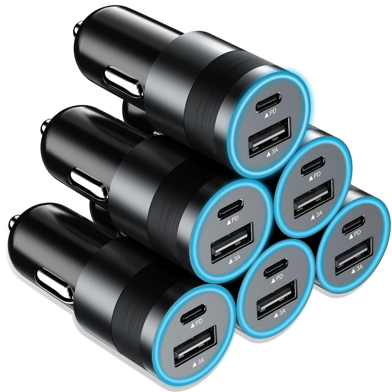 6 Pack 35W USB C & USB A Dual Ports Car Chargers for iPhone/Android Phones | PD 20W + QC 3.0 15W Car Cigarette Lighter Adapter Fast Charging for iPhone 17 16 15 14, iPad, Samsung Galaxy S26 S25, Google Black