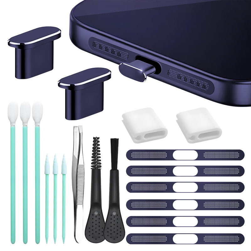 Mobile Phone Speaker Metal Dust Mesh for iPhone 17 pro max, Charging Port dust Plug, Cleaning Brush Cleaning Tool Set (Dark Blue)