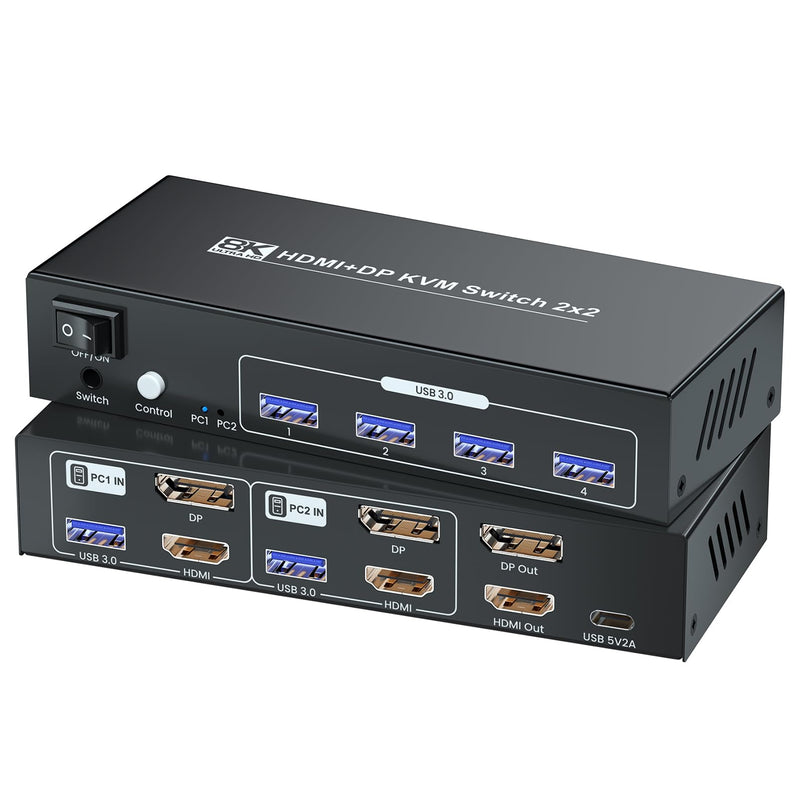 8K60Hz 4K120Hz HDMI + Displayport KVM Switch 2 Monitors 2 Computers, USB 3.0 HDMI DP 2 Port Dual Monitor KVM Switch for 2 PCs Share 1 Set of Keyboard, Mouse and 2 Monitors