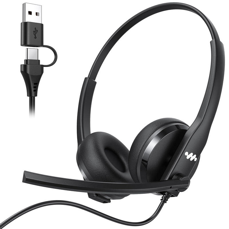 [AUSTRALIA] - USB Headset with Microphone for PC，Wired Computer Laptop Headset with Noise Cancelling Microphone, Work Headphones with Mic for Home Office Teams Zoom (USB-A&C)-Black Black 