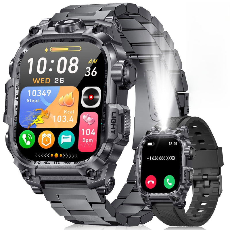 Men's Military Smart Watch (Answer/Make Calls) 2 Inch HD Screen Outdoor Sport Smartwatch with LED Flashlight 700mAh Battery,Heart Rate/Sleep Monitor Fitness,Green (Gray) Gray