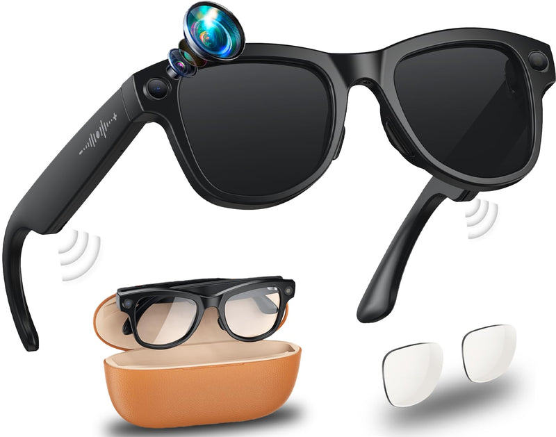 Smart AI Glasses with 4K HD Camera, 8MP Image Stabilization, Video Recording, Open Headphones, AI Image Recognition Simultaneous Translation/GPT Lens Detection and 3600 mAh Battery Compartment