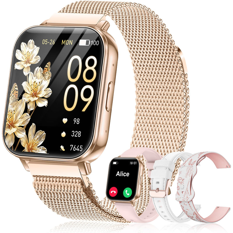 Smart Watch for Women, 1.85" HD Fitness Tracker with Bluetooth Call, 1000mAh Battery, 130+ Sports Modes, Heart Rate/Sleep Monitor, IP68 Waterproof with 4 Bands, Compatible with iOS/Android(Rose Gold) Rose Gold