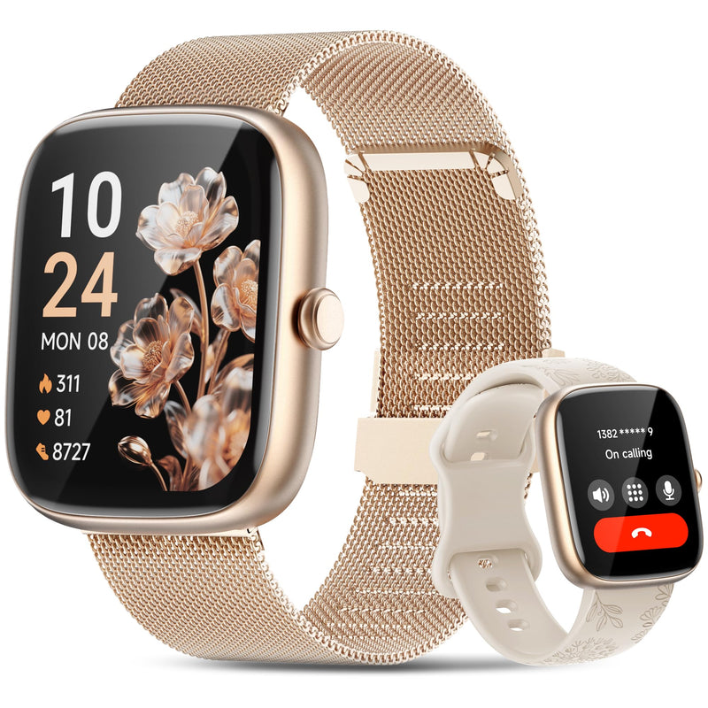 Smart Watches for Women Android/iPhone, Fitness Trackers with Answer/Call | Sleep Tracker/Step Counter/Heart Rate/SpO2 Monitor, Health Watch for 100+ Sports Modes, IP68 Waterproof, 2 Changeable Bands Gold