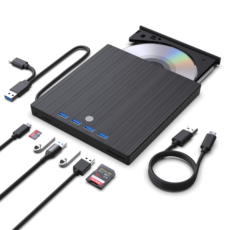 9 in 1 External CD DVD Drive, USB 3.0 and Type-C Disc Reader Burner Player | Optical Drive for PC Laptop Desktop MacBook Mac Windows Linux OS Apple Black