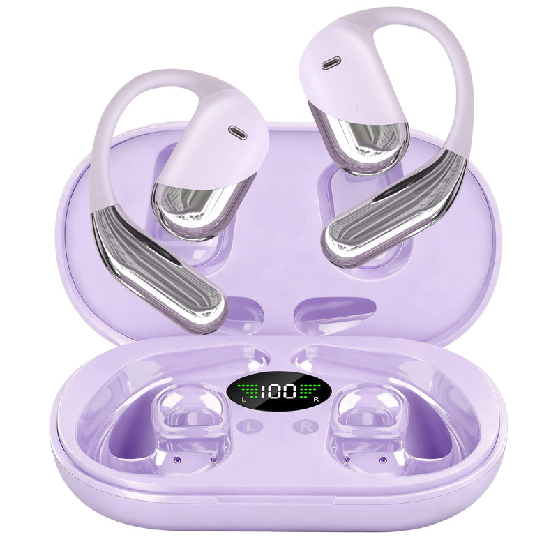 Open Ear Headphones,Over Ear Buds Clip Wireless Earbuds Bone Conduction Built-in Mic Earhook,Bluetooth 5.4 LED Display,60H Playtime Touch Control Design for Cycling,Running,Office,Ear Hooks Q16-H3 Violet