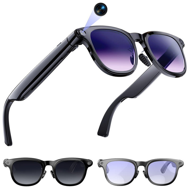 AI Smart Glasses with Camera, 4K Video Recording Camera Glasses for Travel | AI Sunglasses for Women Men, Life Vlog Work, Real-Time Translation, Voice Assistant, Hands-Free Calls, Open-Ear Audio, 3 Lens Lacquer Black