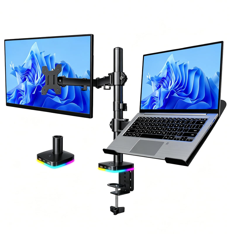 Afaloona RGB Monitor & Laptop Stand with USB Hub, Charging & Data Transfer | Fits 13-32" monitors and 11-17" laptops with a removable tray that converts to a dual monitor mount, up to 18 lb per arm RGB Laptop & Monitor Stand