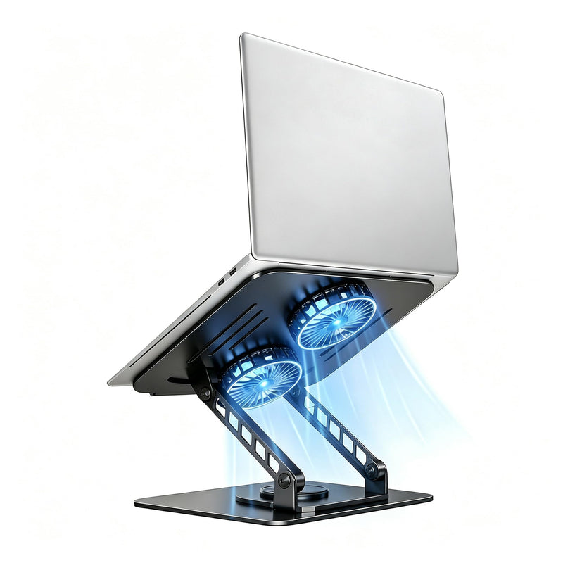 Laptop Stand with Cooling Fan, 360° Rotating Base Aluminum Laptop Riser, Foldable Ergonomic Computer Stand for Desk, Height Adjustable Notebook & All Laptops Up to 17.3" (Black) Black