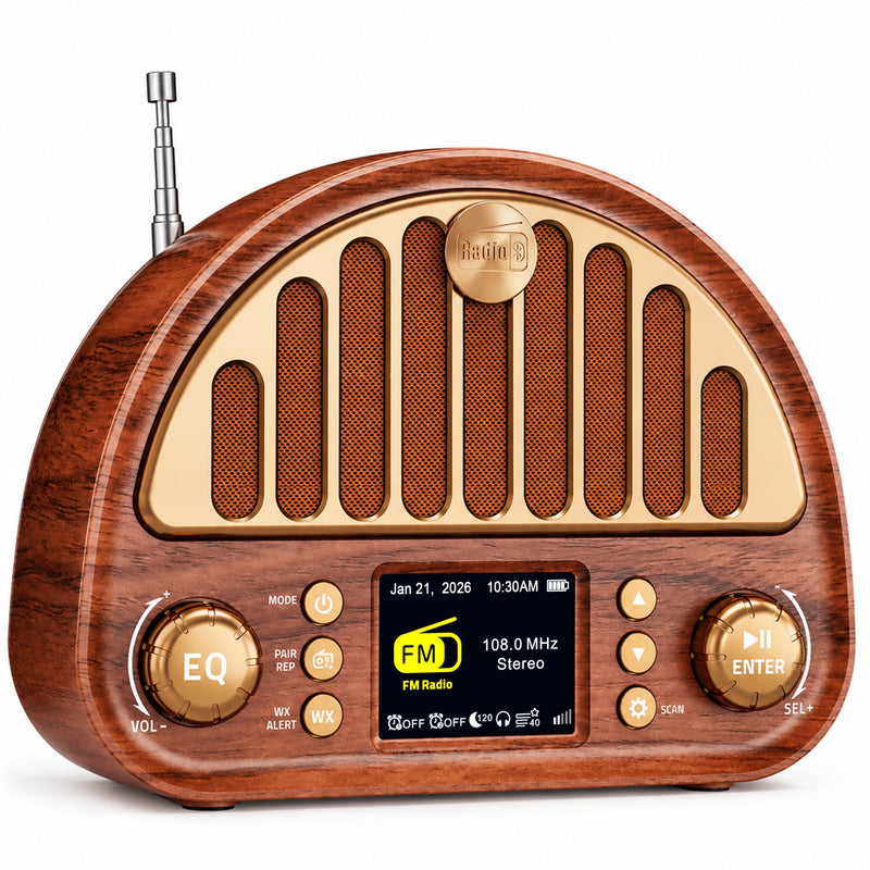 Eoxsmile Retro Portable FM Radio with NOAA Weather Alert & Bluetooth | MicroSD playback, 40 presets, dual alarms, sleep timer, clock/date display, 3000mAh rechargeable battery for bedroom and home