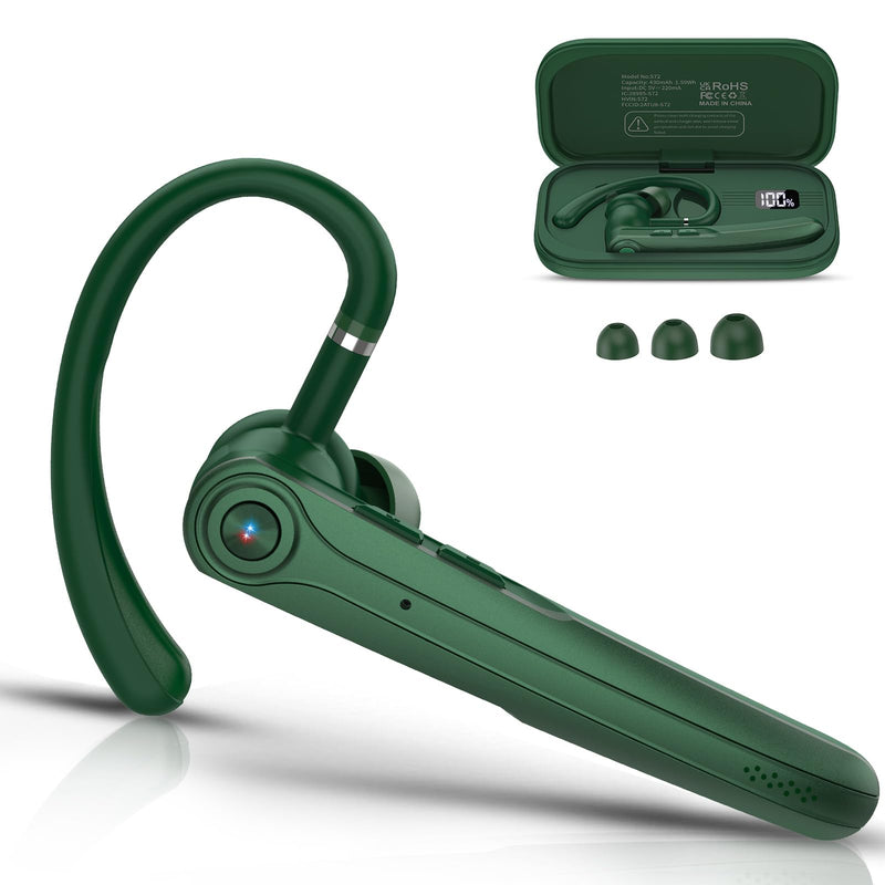 Bluetooth Headset, Wireless Bluetooth Earpiece with ENC Noise Canceling Mic, 120Hrs Talk Single-Ear Headphones, LED Display, IPX7, V5.4 Hand-Free Earphone for Business/Trucker/Driver (Dark Green)