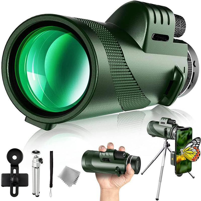 1set 80X100 Power Single Barrel Birdwatching Telescope High Definition Adults High Powered with Smartphone Adapter,15.3 * 7 Cm (Green) Green