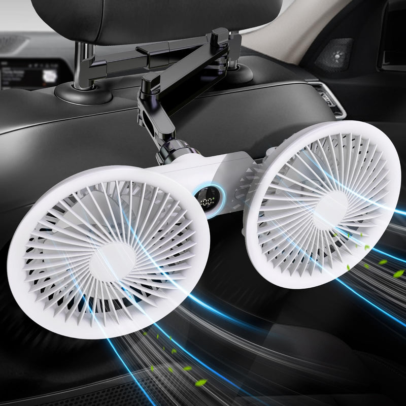 Car fan for Backseat Kids, Rechargeable Battery Powered USB Fans for Car with LED Display, Powerful 3 Speeds 360° Rotation Headrest Dual Head Cooling Car Seat Fan for Baby Rear Facing for SUV Truck
