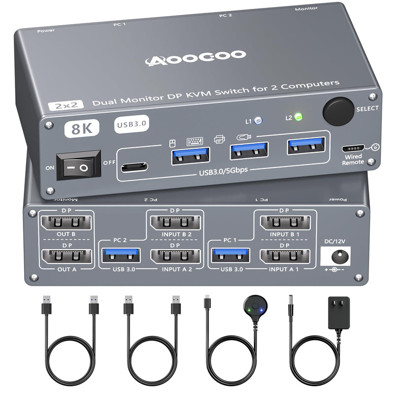 Displayport KVM Switch 2 Computers 2 Monitors, 8K@60Hz/4K@240Hz Dual Monitor KVM Switch for 2 PCs Share 2 Monitors, with 4 USB3.0 Ports, USB Cables and Power Adapter,Grey 12cm DP KVM Grey 12 cm DP 2 in 2 Out