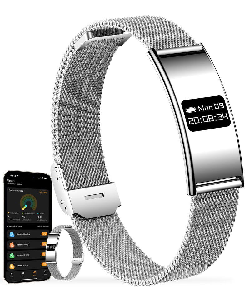 Smart Bracelet for Men & Women, Ultra-Thin Fitness Tracker | Heart Rate, Blood Oxygen & Sleep Monitoring, IPX8 Waterproof, Multiple Sports Modes, Compatible with Android and iOS Silver mesh tape