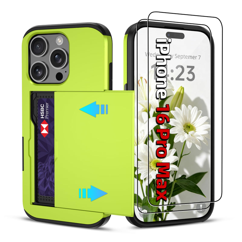 Pilaru for iPhone 16 Pro Max Case with Card Holder【2 Pcs HD Screen Protector】Slim Heavy Duty Dual Layer Shockproof Design【Hidden Card Slot 】Wallet Cases for iohone 16 Pro Max Case 6.9 inch-Neon Green for iPhone 16 Pro Max Case 6.9" (3 Lens) Neon Green