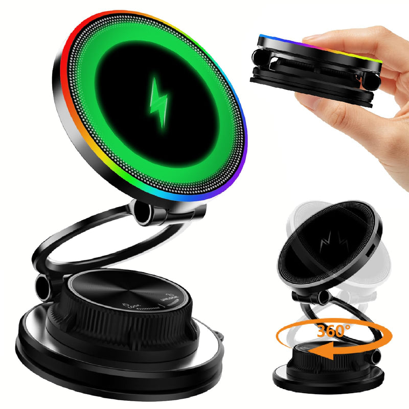 Ultra-Thin Magnetic Wireless Car Charger for Magsafe Car Mount | 15W Fast Charging, 120LBS Strong Suction Cup,3000gf Magnet, LED Light, 360° Vacuum Magnetic Phone Holder for iPhone & Android