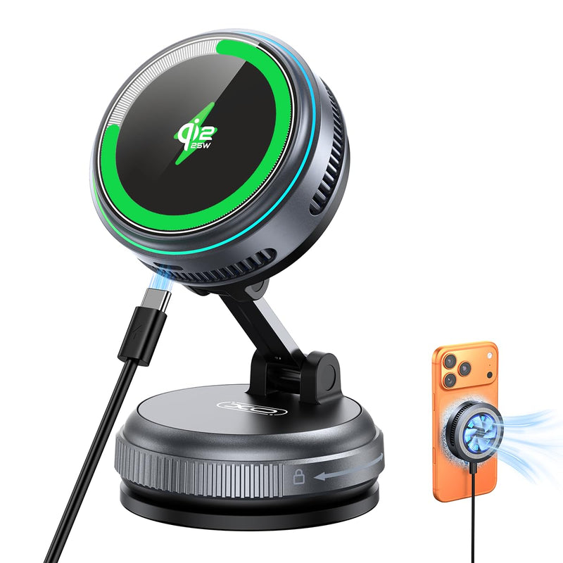 Qi2.2 Magnetic Car Mount Charger【25W Fast Charging+Ice-Cooling】 360° Rotating Fast Wireless Charger Stand with Cooling Fan/LED Light,Vacuum Magnetic Phone Holder Compatible with iPhone 12-17, S26/S25 Stand+Cooling Charging Pad