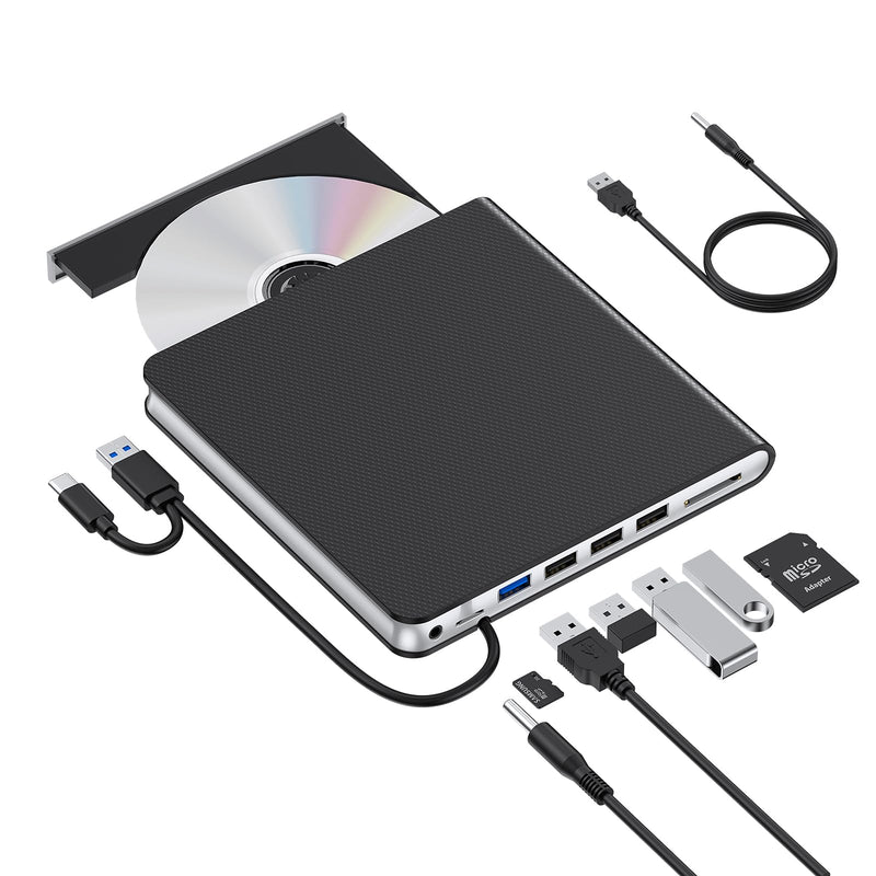 External CD DVD Drive for Laptop USB 3.0 USB C CD Burner External DVD Drive Portable CD ROM Burner Reader Writer Drive External DVD Player for Laptop Desktop PC Windows 11/10/8/7 MacBook Mac OS Linux black-8 in 1