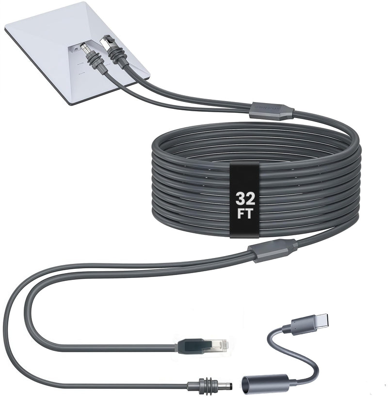 10M/32FT 2-in-1 Starlink Mini Ethernet Cable, Integrated DC Power + Cat5e Gigabit Data Replacement Cord, Waterproof Outdoor Cable for RV Marine Camping, Includes USB-C to DC Adapter 32FT/10M