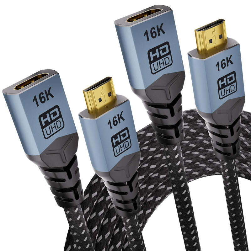 [2-Pack 16K HDMI Extension Cable,6.6FT/2M 8K 120Hz 4K 240Hz/480Hz, 96Gbps Braided EXT HDMI Extender Cord, Ultra High Speed Compatible with HDTV, Laptop,Series X,Chromecast, TV Stick 6.6FT+6.6FT/2M+2M