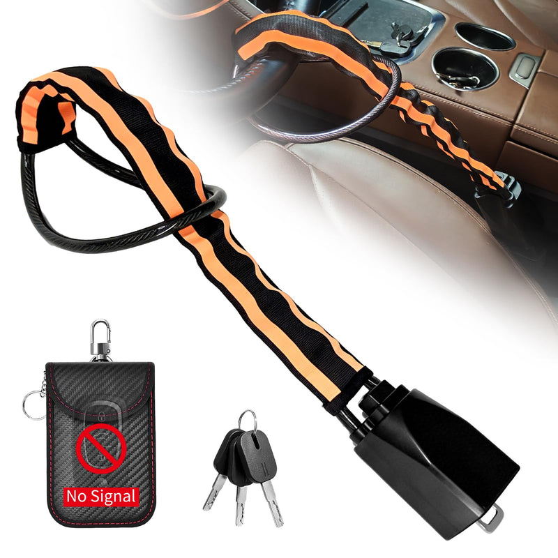 Steering Wheel Lock with Faraday Bag, Adjustable 17" Car Anti Theft Device with Reflective Warning Strips, Visible Vehicle Security Deterrent for Cars SUVs Trucks Vans, Includes 3 Keys Orange