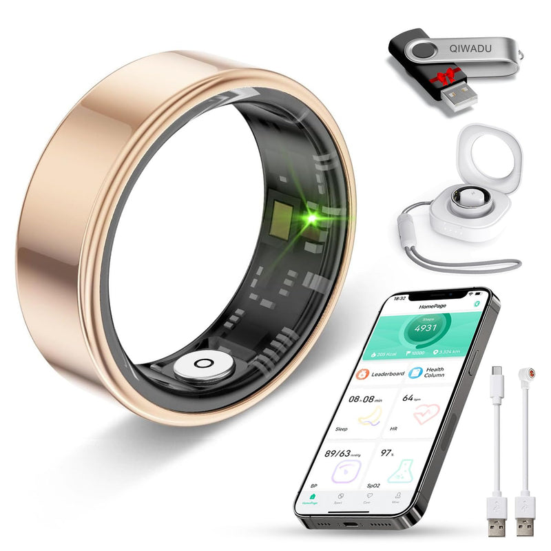 Smart Ring for Women Men Health Tracker - IP68 Waterproof Fitness Ring with Heart Rate/Blood Oxygen/Blood Pressure/Sleep Tracker/Step/Calories for iOS and Android,No Subscription Fee,Gold 10
