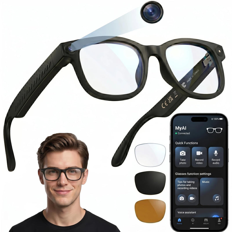AI Smart Glasses with Voice Assistant & 1080P Camera, Bluetooth Audio & Real-Time Translator; with Anti-Shake Video, Magnetic Charging, Interchangeable Lens, Hands-Free Calling & Music