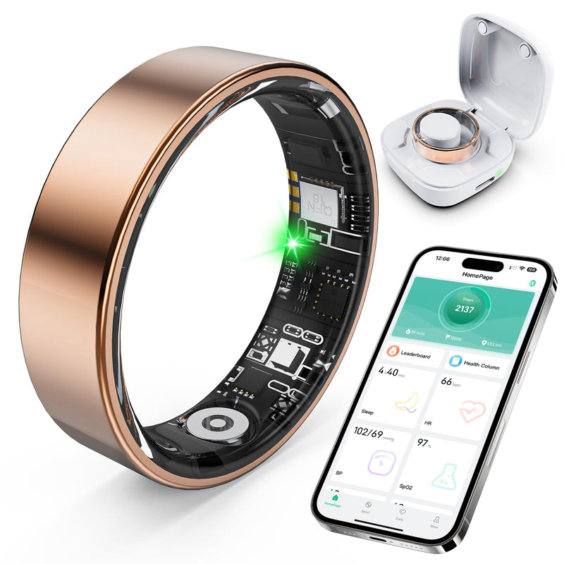 Smart Ring with Sleep Monitoring, Step Counting, Heart Rate, Blood Oxygen for iPhone and Android, No Subscription Fee, IP68 Waterproof Health Tracker (Rose Gold, 8)
