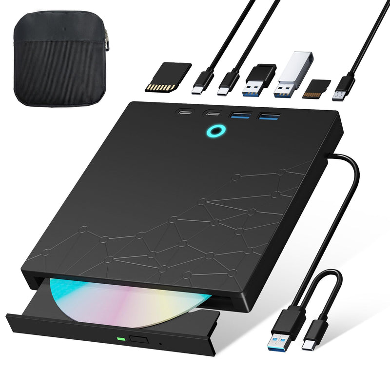 External CD/DVD Drive for Laptop, DVD Burner CD Reader for Laptop, 8-in-1 USB 3.0 Portable CD Players with SD/TF Ports, External Disk Drive Optical for MacBook Windows 11 10 PC Linux (Black with bag) Black with bag