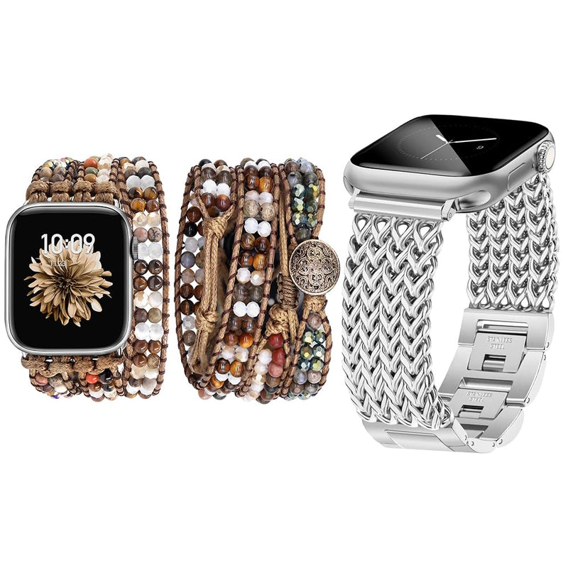 JR.DM Boho Beaded Watch Band Silver Stainless Steel Bracelet Strap Bundle Compatible with Apple Watch 38mm 40mm 41mm 42mm 44mm 46mm 45mm 49mm Women for iWatch Series 11/10/9/8/7/6/5/4/3/2/1/SE/Ultra