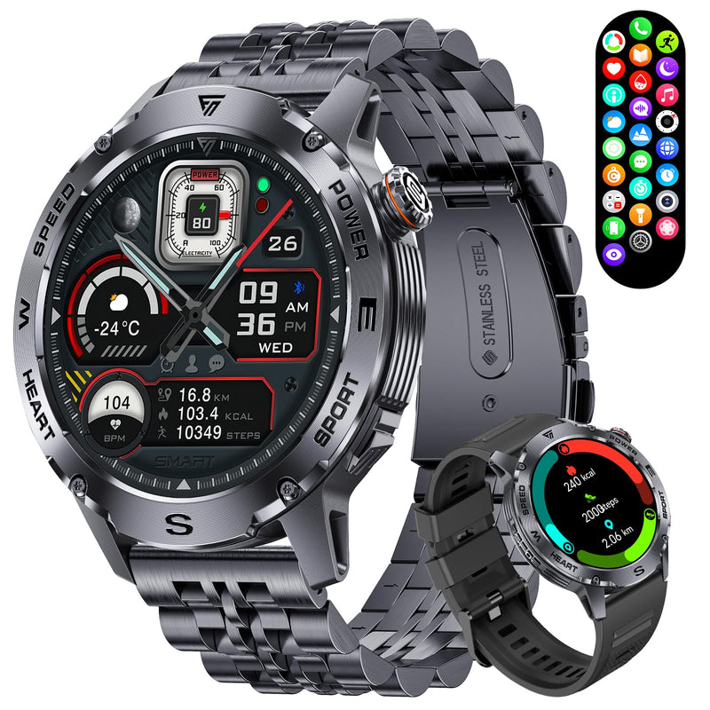 Military Smart Watch for Men, 1.43'' AMOLED Rugged Smart Watch with 600mAh Battery/Heart Rate/Blood Pressure/Sleep Monitor,IP68 Waterproof Fitness Tracker Watch for Android iPhone Black