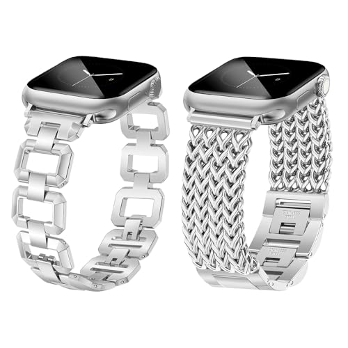 JR.DM Silver Chain Bracelet Band Stainless Steel Bracelet Strap Bundle Compatible with Apple Watch 38mm 40mm 41mm 42mm 44mm 46mm 45mm 49mm Women for iWatch Series 11/10/9/8/7/6/5/4/3/2/1/SE/Ultra