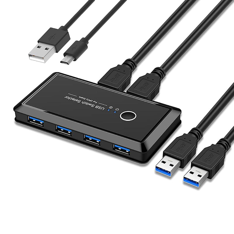 USB 3.0 Sharing Switch Selector 4 Port 2 Computers Peripheral Switcher Adapter Hub for PC, Printer, Scanner, Mouse, Keyboard with One Button Swapping Compatible with Mac/Windows/Linux