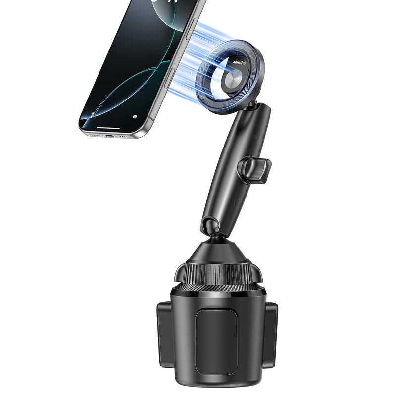 APPS2Car Magnetic Cup Holder Phone Mount, Tri-Pivot Adjustable Long Arm | 17 N54 Magnets, Fits 3"–4" Cup Holders, 17mm Ball Joint, Compatible with MagSafe iPhone, Samsung, Smartphones