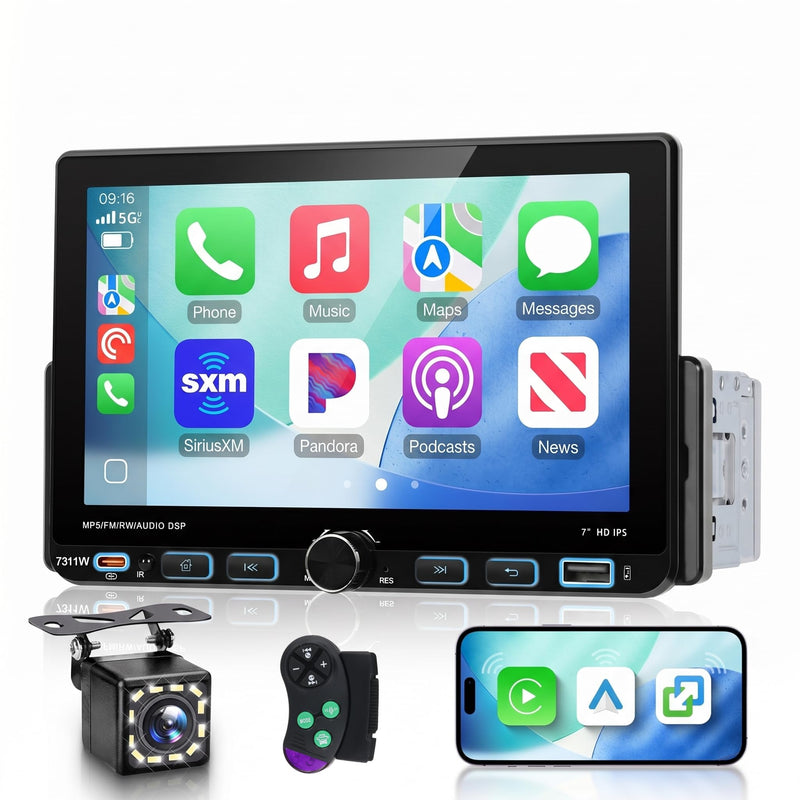 Single DIN Car Stereo with Wireless CarPlay & Android Auto, 7-Inch Touchscreen Car Radio with AM/FM/RDS, Bluetooth 5.0, SWC, Backup Camera, USB-C, Mirror Link